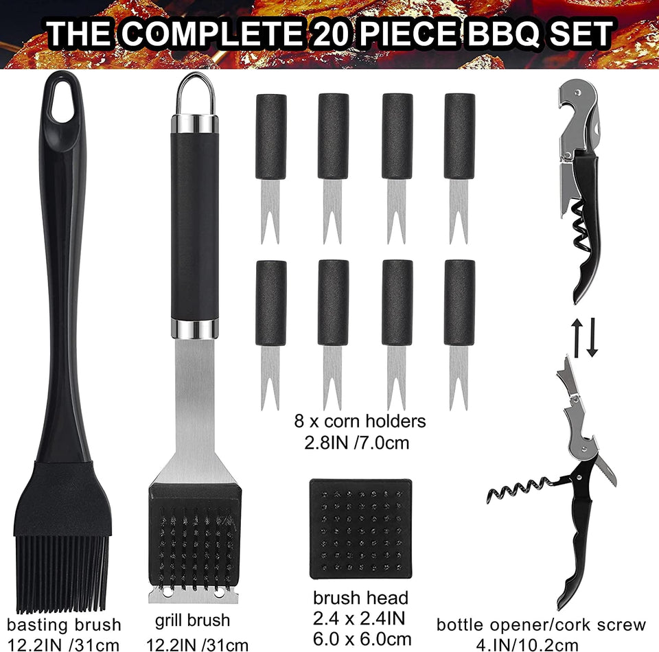 20PCS BBQ Grill Tools Set - Extra Thick Stainless Steel Fork. Spatula. Tongs& Cleaning Brush - Complete Barbecue Grilling Utensils Set in Aluminum Storage Case - Perfect Grill Gifts for Men
