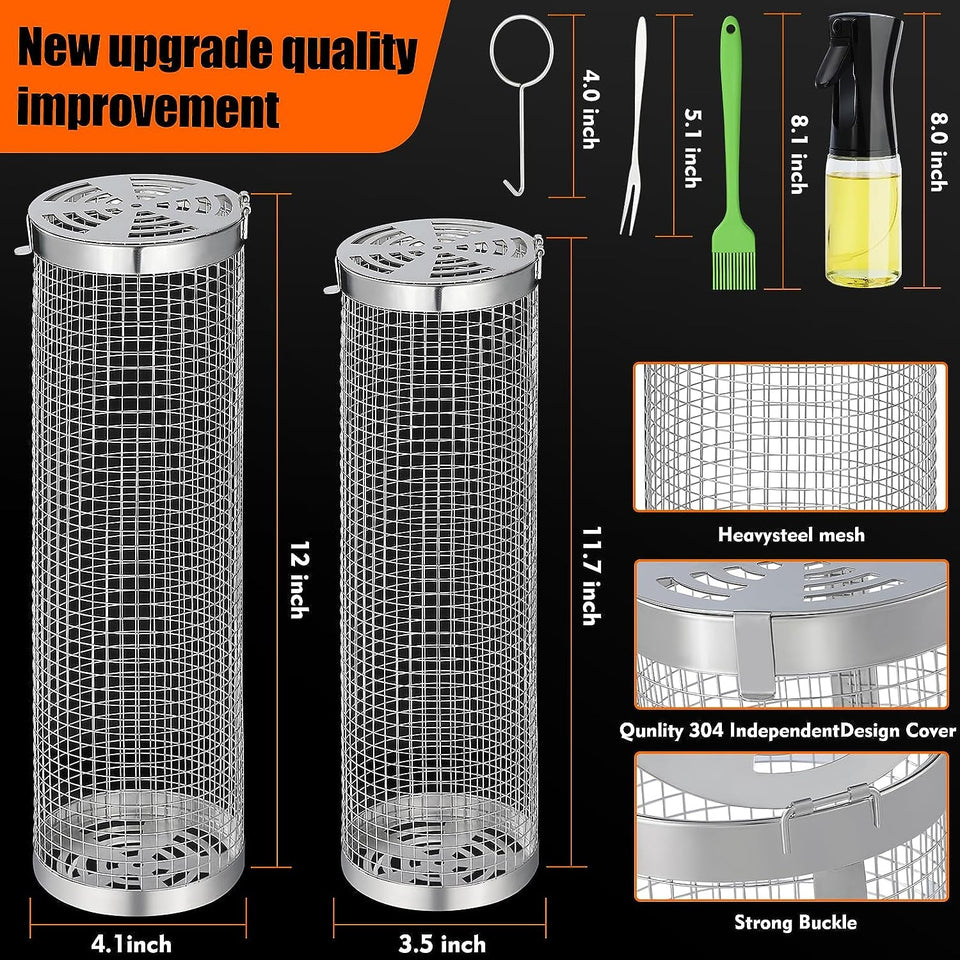 2 Pcs Rolling Grilling Baskets for Outdoor Grilling. BBQ Stainless Steel Grill Accessories Set for Outdoor Grill. Grill Baskets Suitable for Vegetable.Fries.Fish. Shrimp. Grill BBQ Net Tube with Barbecue Accessories