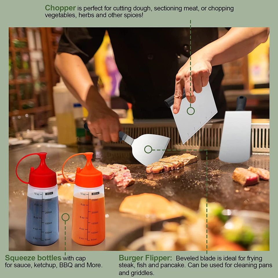18PCS Griddle Accessories Kit. Flat Top Grill Accessories Set for Blackstone and Camp Chef. Grill Spatula Set with Enlarged Spatulas. Basting Cover. Scraper for Outdoor BBQ