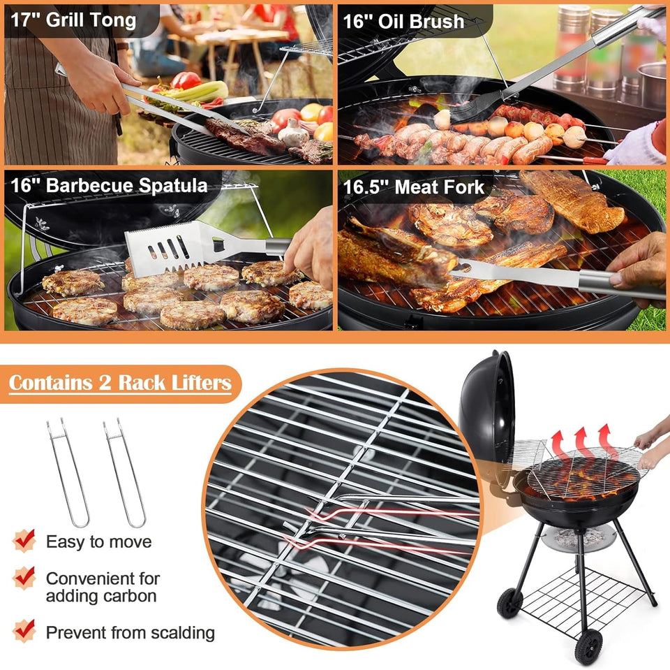 22-Inch Charcoal Kettle Grill Set of 12. Hasteel 2 Layer Grilling Racks Outdoor BBQ Grill. Heavy Duty Large Enameled Grills with Grilling Accessories for Camping Backyard Picnic. Barbecue Spatula