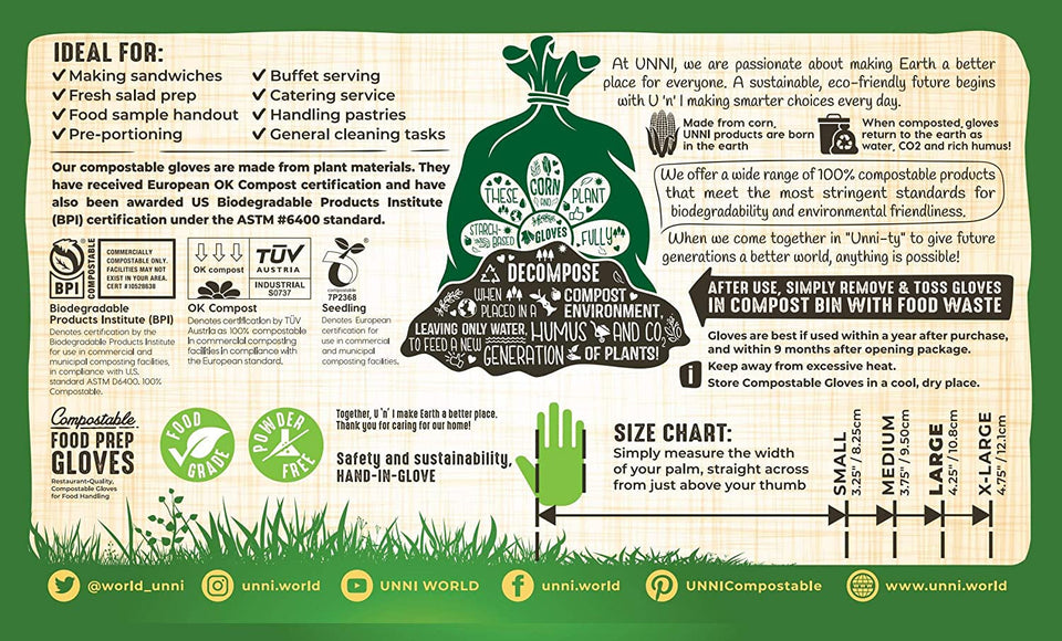 100% Compostable Food Prep Gloves. Restaurant-Quality.For Food Handling. Powder-Free. 100 Count. Medium. Earth Friendly Highest ASTM D6400. US BPI and Europe OK Compost Certified. San Francisco