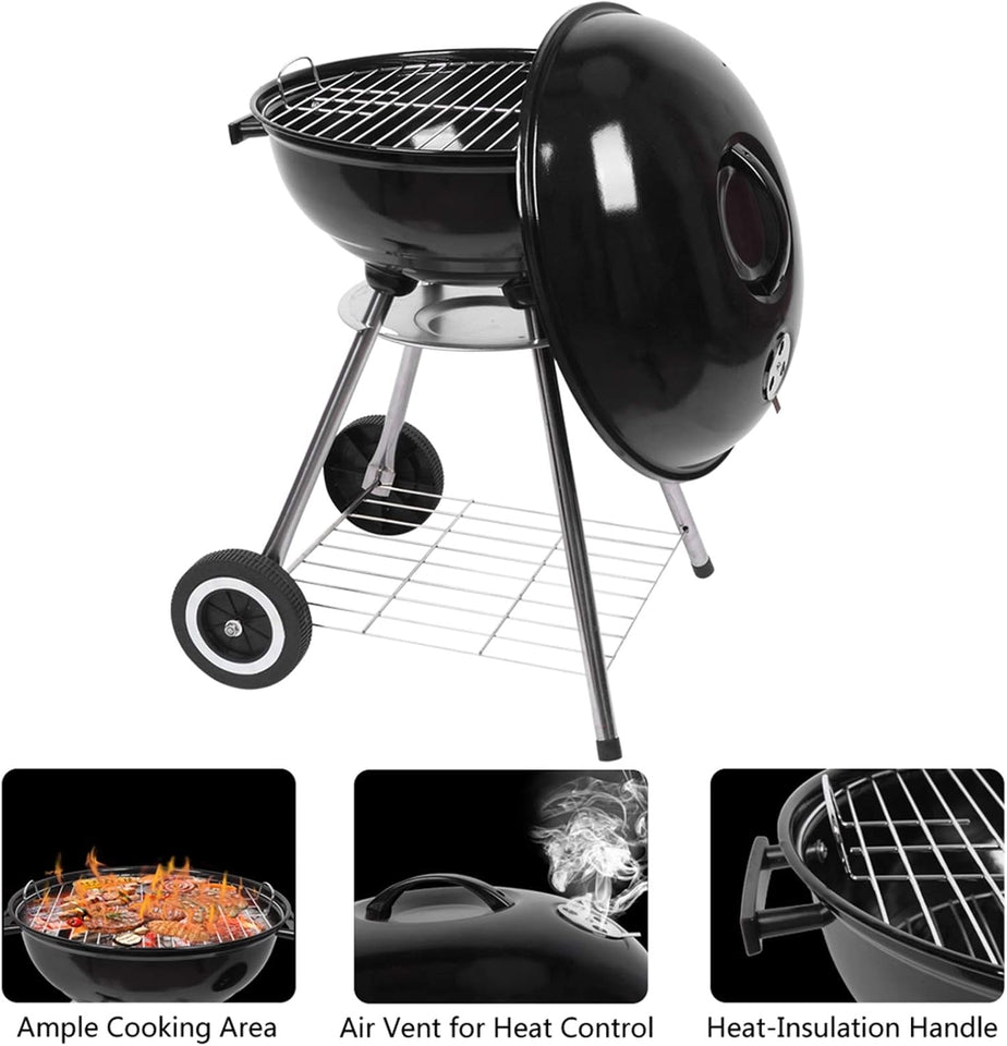 18 Charcoal Grill with Wheels for Outdoor Cooking Barbecue Camping BBQ Coal Kettle Grill Tailgating Portable Heavy Duty round with Thickened Grilling Bowl Wheels. Black