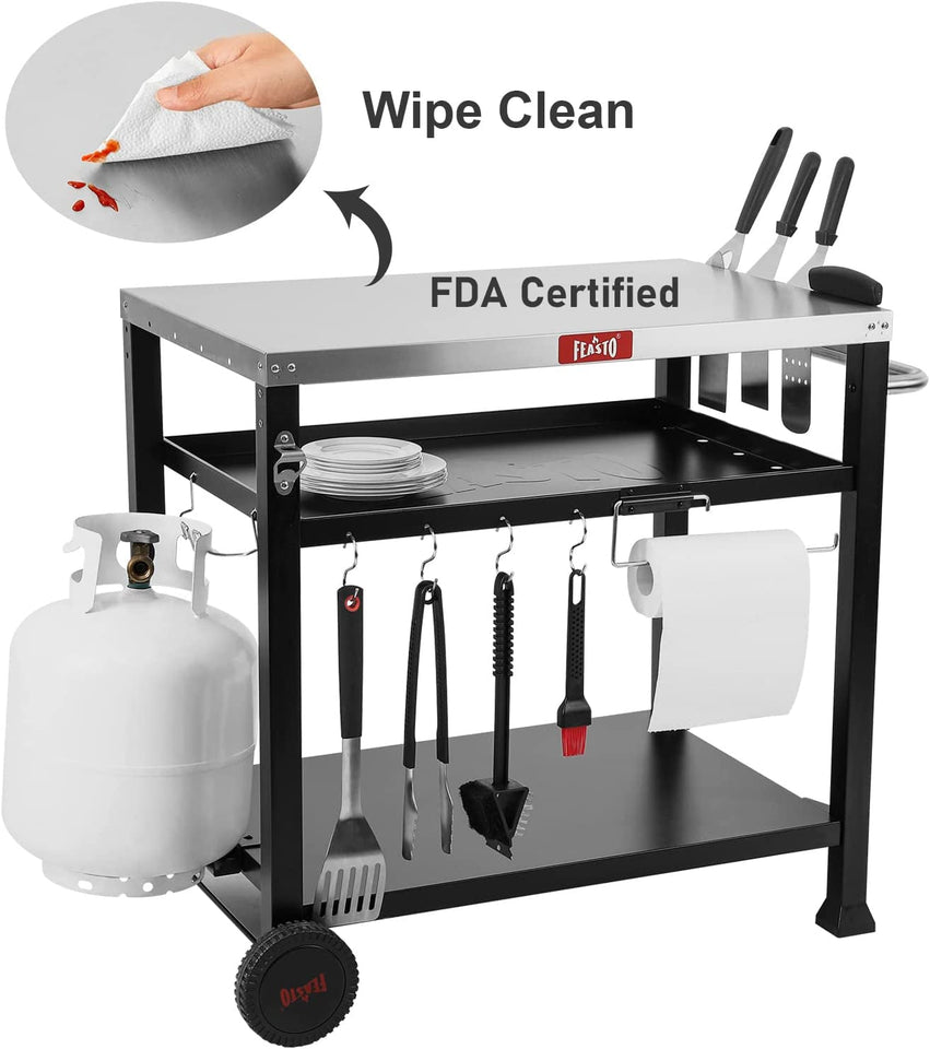 3-Shelf Movable Food Prep and Pizza Oven Table. BBQ Grilling Table. Home & Outdoor Multifunctional Stainless Steel Table Top Worktable on 2 Wheels. L39.5 X W25.6 X H33