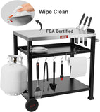 3-Shelf Movable Food Prep and Pizza Oven Table. BBQ Grilling Table. Home & Outdoor Multifunctional Stainless Steel Table Top Worktable on 2 Wheels. L39.5 X W25.6 X H33